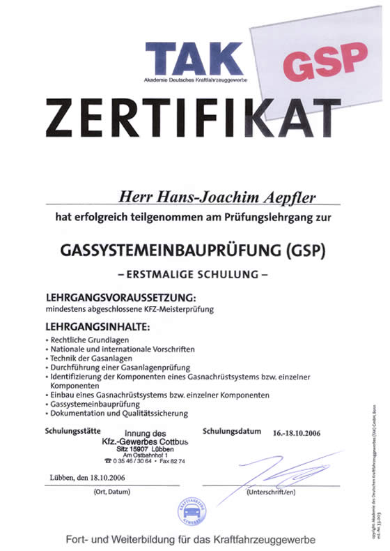 Gassystemeinbauprüfung, GSP